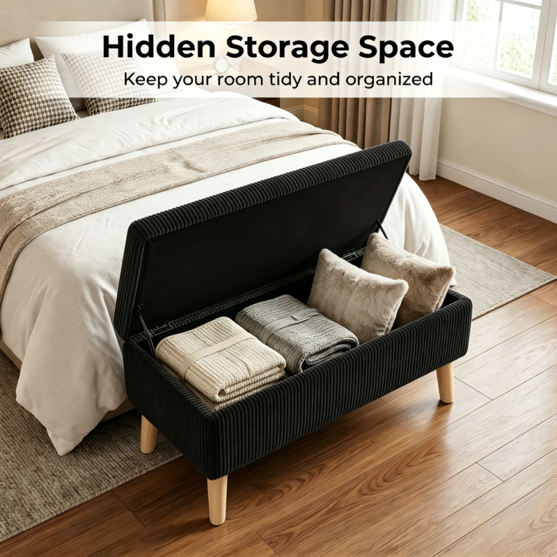 32 inch Wide Olive Beige Corduroy Storage Ottoman Bench with Wooden Legs, Flip-Top Storage Box, Soft Upholstered End of Bed Bench, Footrest & Shoe Bench for Bedroom, Living Room, Entryway - Image 11