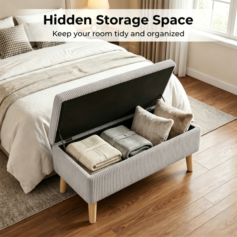32 inch Wide Olive Beige Corduroy Storage Ottoman Bench with Wooden Legs, Flip-Top Storage Box, Soft Upholstered End of Bed Bench, Footrest & Shoe Bench for Bedroom, Living Room, Entryway - Image 4