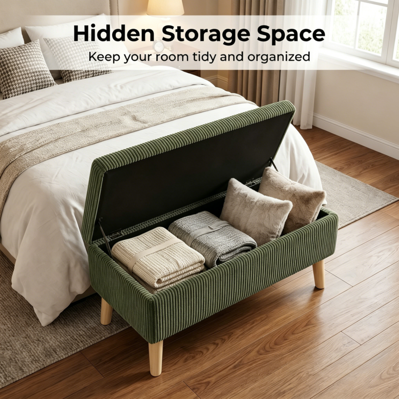 32 inch Wide Olive Beige Corduroy Storage Ottoman Bench with Wooden Legs, Flip-Top Storage Box, Soft Upholstered End of Bed Bench, Footrest & Shoe Bench for Bedroom, Living Room, Entryway - Image 31