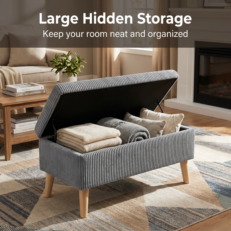32 inch Wide Olive Beige Corduroy Storage Ottoman Bench with Wooden Legs, Flip-Top Storage Box, Soft Upholstered End of Bed Bench, Footrest & Shoe Bench for Bedroom, Living Room, Entryway - Image 22
