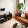 Majestic Brass Ring Base Curved Floor Lamp with Triangle White Drum Shade - Image 3