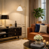 Majestic Brass Ring Base Curved Floor Lamp with Triangle White Drum Shade - Image 2
