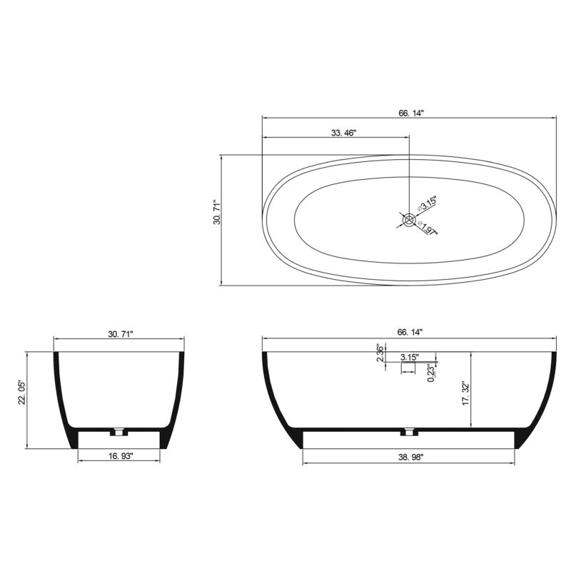 67 in. x 31 in. Oval Freestanding Solid Surface Soaking Bathtub with Center Drain in Matte White - Image 5