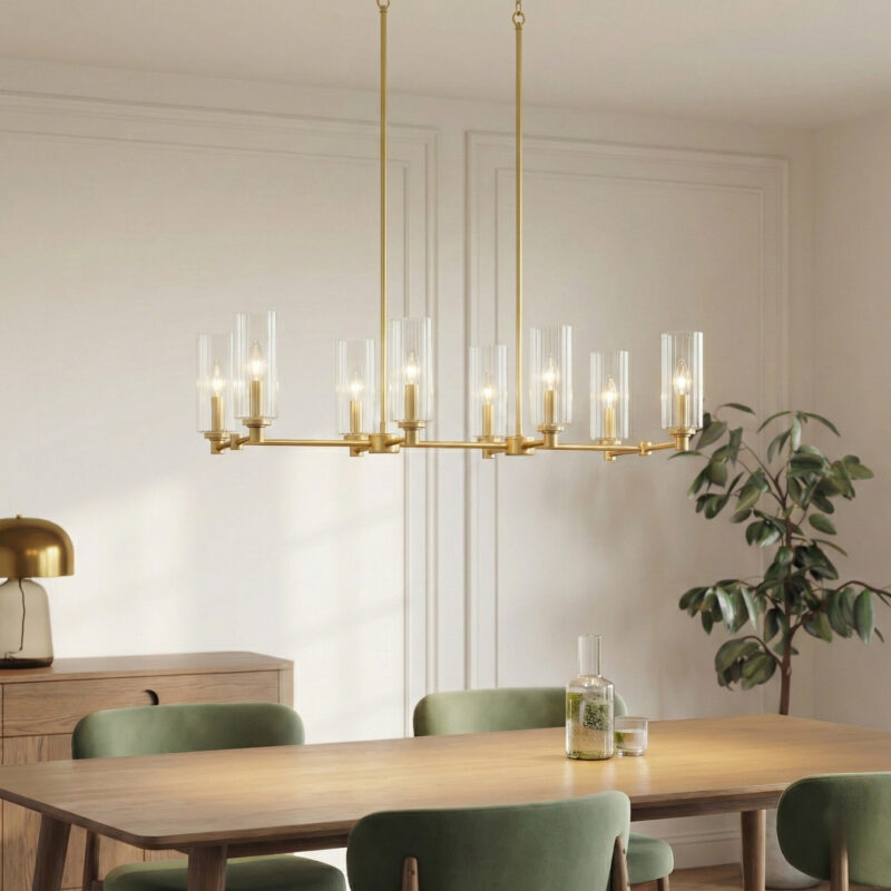Willow Eight Lights Island With Clear Ribbed Glass Pendant Lamp - Satin Brass - Image 3