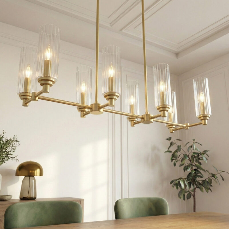 Willow Eight Lights Island With Clear Ribbed Glass Pendant Lamp - Satin Brass - Image 5