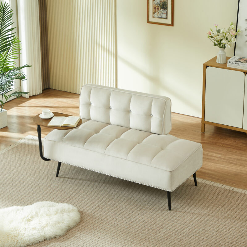 54-Inch Modern Two-Seater Velvet Sofa with Backrest & 360° Rotating Side Table – Entryway Ottoman, Multi-Use Bench, Office Desk and Chair Set, Space-Saving Design for Living Room, Bedroom, Apartment - Image 3