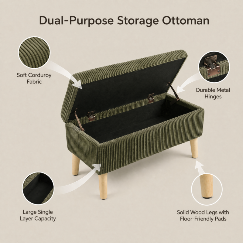 32 inch Wide Olive Beige Corduroy Storage Ottoman Bench with Wooden Legs, Flip-Top Storage Box, Soft Upholstered End of Bed Bench, Footrest & Shoe Bench for Bedroom, Living Room, Entryway - Image 30