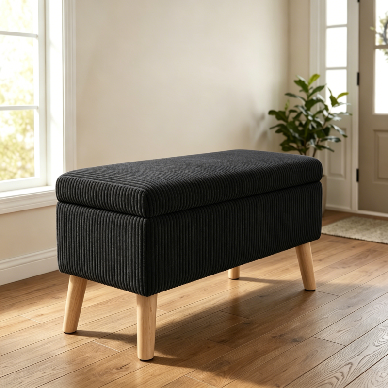 32 inch Wide Olive Beige Corduroy Storage Ottoman Bench with Wooden Legs, Flip-Top Storage Box, Soft Upholstered End of Bed Bench, Footrest & Shoe Bench for Bedroom, Living Room, Entryway - Image 10