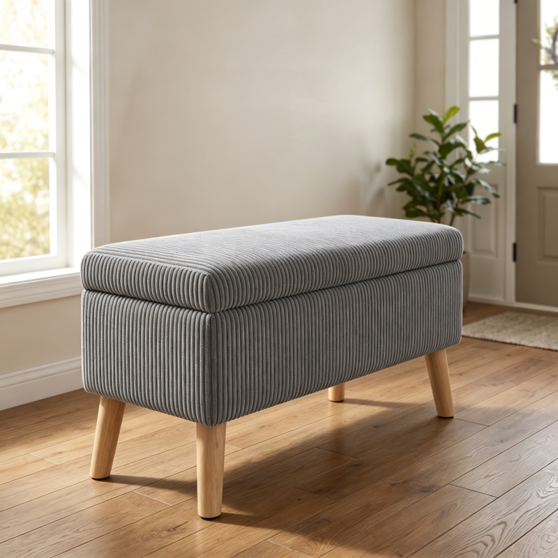 32 inch Wide Olive Beige Corduroy Storage Ottoman Bench with Wooden Legs, Flip-Top Storage Box, Soft Upholstered End of Bed Bench, Footrest & Shoe Bench for Bedroom, Living Room, Entryway - Image 19