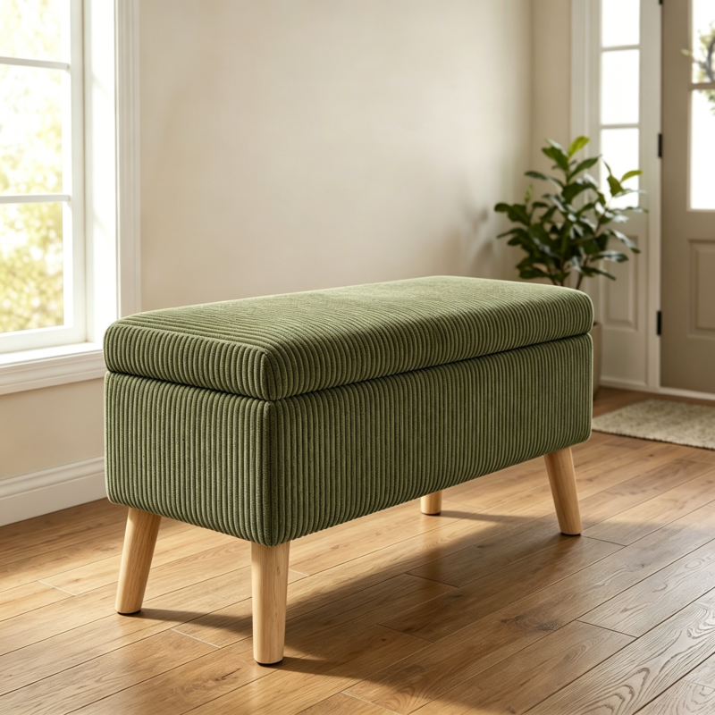 32 inch Wide Olive Beige Corduroy Storage Ottoman Bench with Wooden Legs, Flip-Top Storage Box, Soft Upholstered End of Bed Bench, Footrest & Shoe Bench for Bedroom, Living Room, Entryway - Image 28