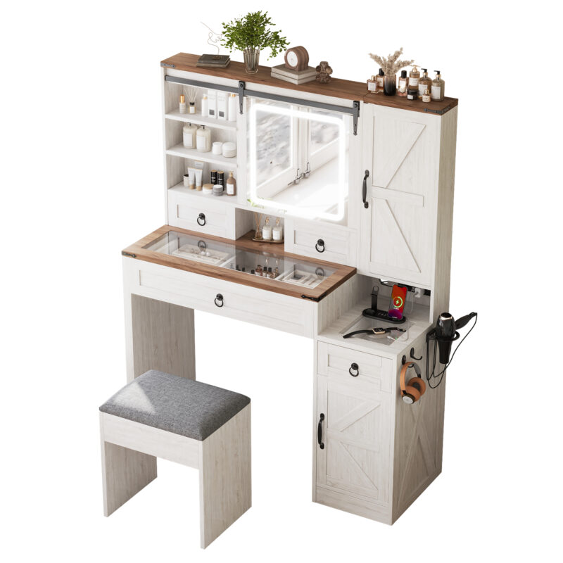 Farmhouse Vanity Desk with Sliding Mirror and Lights, Vanity Set with Glass Top and Charging Station ,Dressing Table with 4 Drawers and 2 Cabinets, Dressing Table with Stool for Bedroom - Image 7