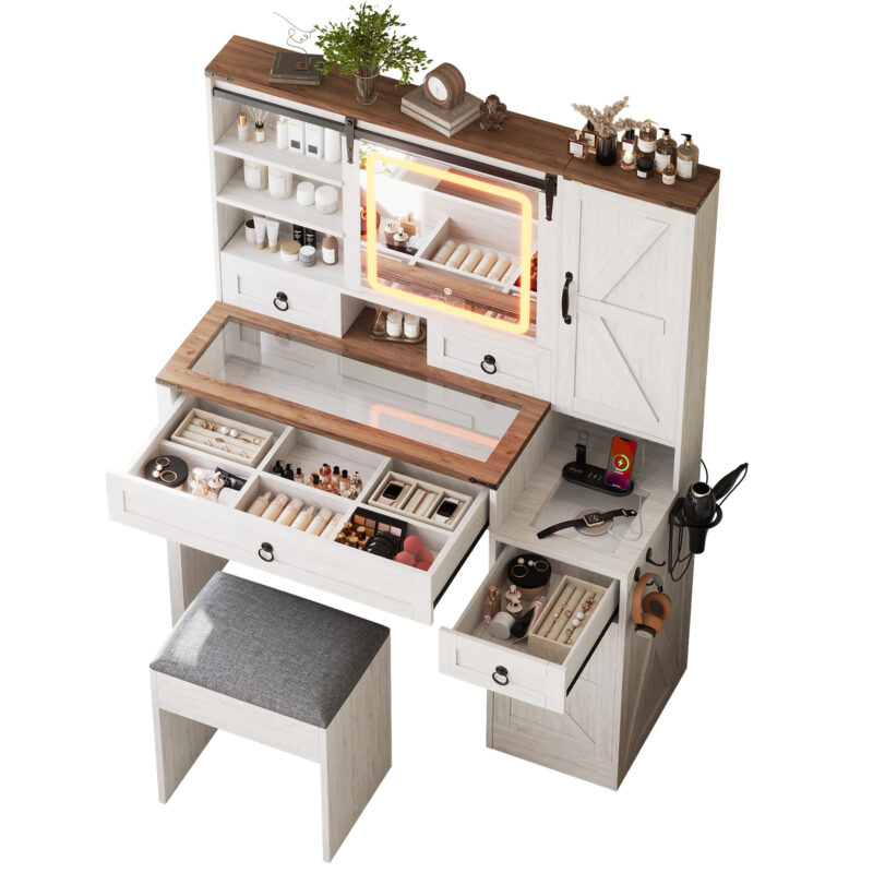 Farmhouse Vanity Desk with Sliding Mirror and Lights, Vanity Set with Glass Top and Charging Station ,Dressing Table with 4 Drawers and 2 Cabinets, Dressing Table with Stool for Bedroom - Image 6