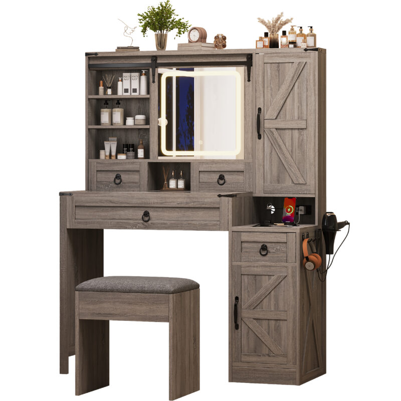 Farmhouse Vanity Desk with Sliding Mirror and Lights, Vanity Set with Glass Top and Charging Station ,Dressing Table with 4 Drawers and 2 Cabinets, Dressing Table with Stool for Bedroom - Image 20