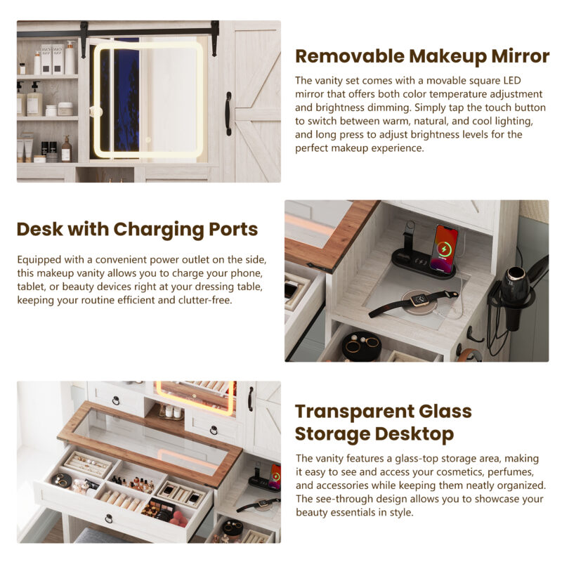 Farmhouse Vanity Desk with Sliding Mirror and Lights, Vanity Set with Glass Top and Charging Station ,Dressing Table with 4 Drawers and 2 Cabinets, Dressing Table with Stool for Bedroom - Image 5