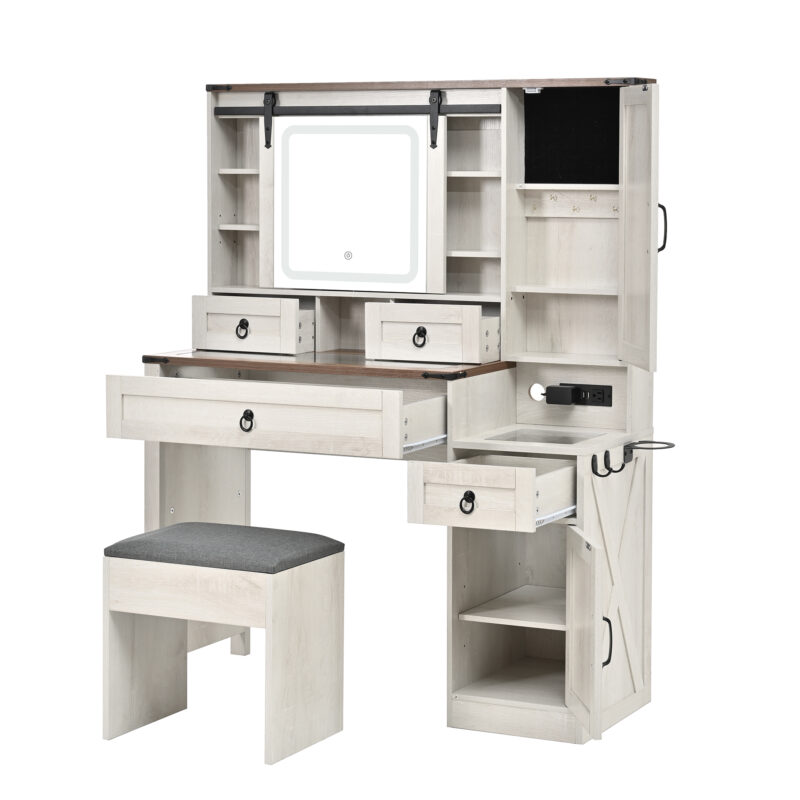 Farmhouse Vanity Desk with Sliding Mirror and Lights, Vanity Set with Glass Top and Charging Station ,Dressing Table with 4 Drawers and 2 Cabinets, Dressing Table with Stool for Bedroom - Image 8