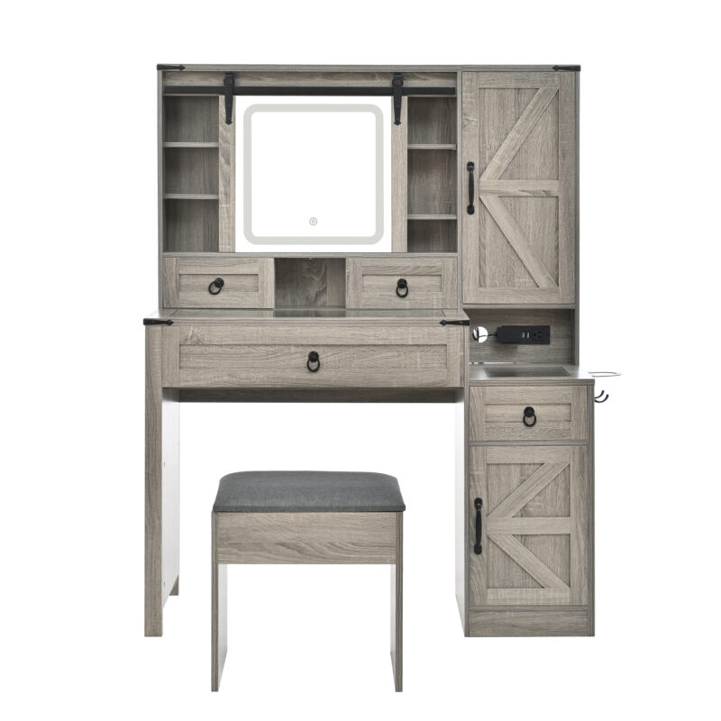 Farmhouse Vanity Desk with Sliding Mirror and Lights, Vanity Set with Glass Top and Charging Station ,Dressing Table with 4 Drawers and 2 Cabinets, Dressing Table with Stool for Bedroom - Image 21