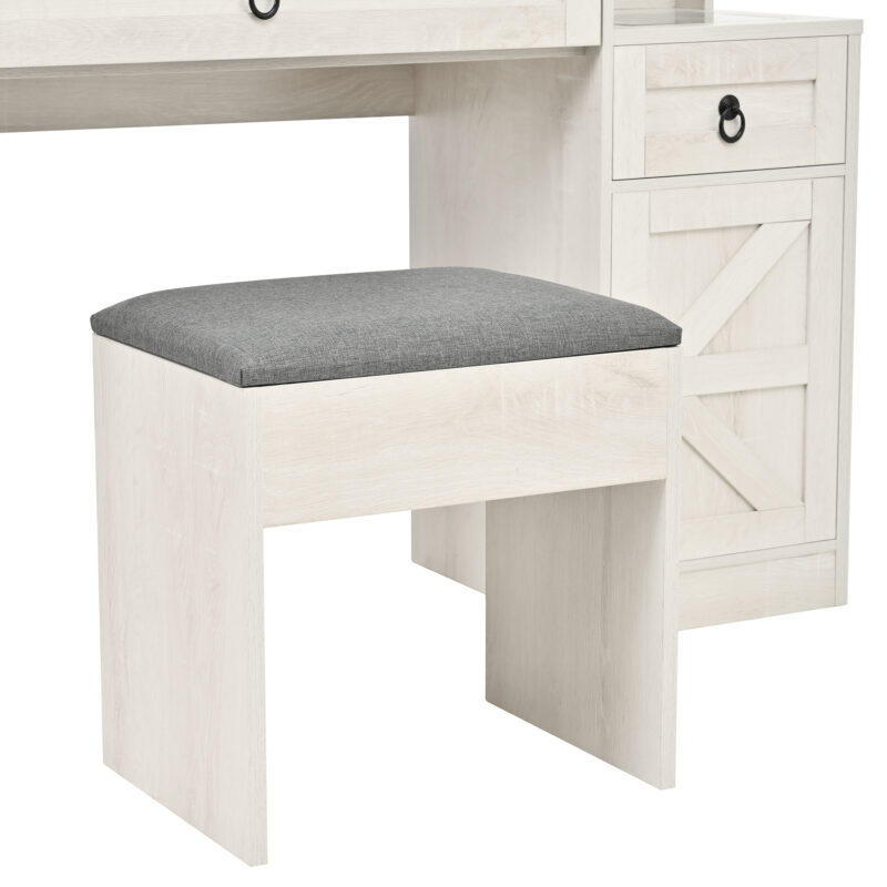 Farmhouse Vanity Desk with Sliding Mirror and Lights, Vanity Set with Glass Top and Charging Station ,Dressing Table with 4 Drawers and 2 Cabinets, Dressing Table with Stool for Bedroom - Image 11