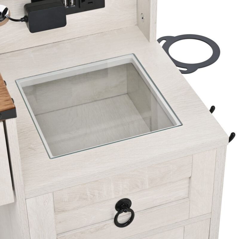 Farmhouse Vanity Desk with Sliding Mirror and Lights, Vanity Set with Glass Top and Charging Station ,Dressing Table with 4 Drawers and 2 Cabinets, Dressing Table with Stool for Bedroom - Image 10