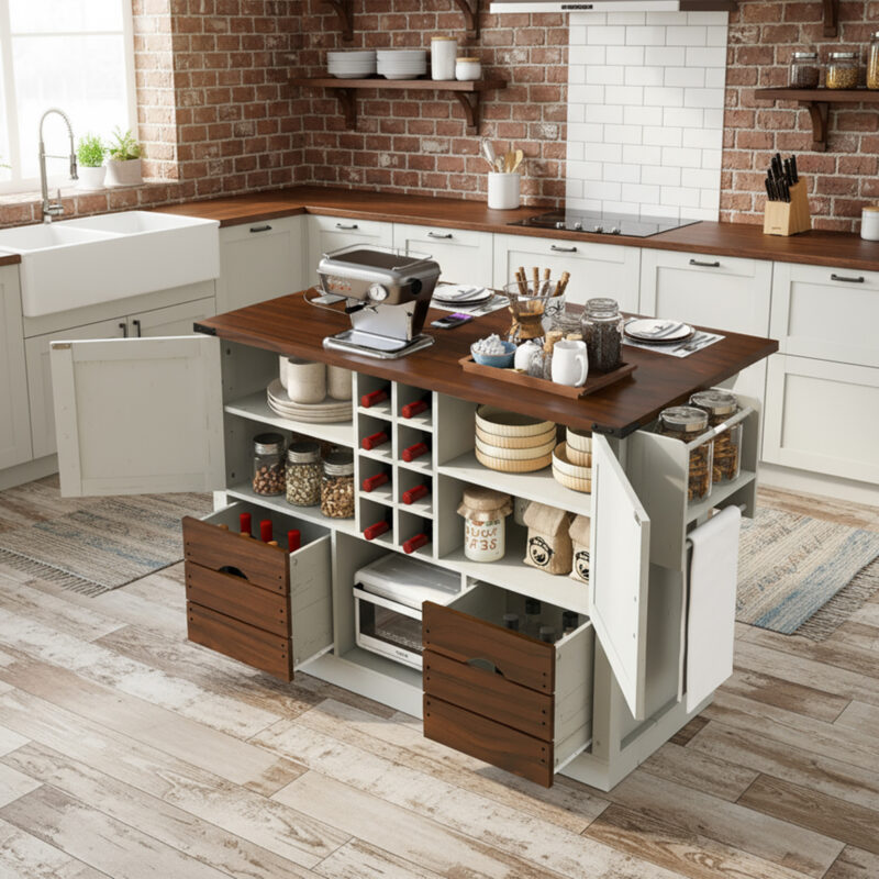K&K 54" Farmhouse Kitchen Island with Drop Leaf, Power Outlet, Kitchen Storage Cart with 2 Doors, 2 Drawers, Rolling Kitchen Island on 4 Large Wheels with Spice Rack for Kitchen, Dining Room - Image 12