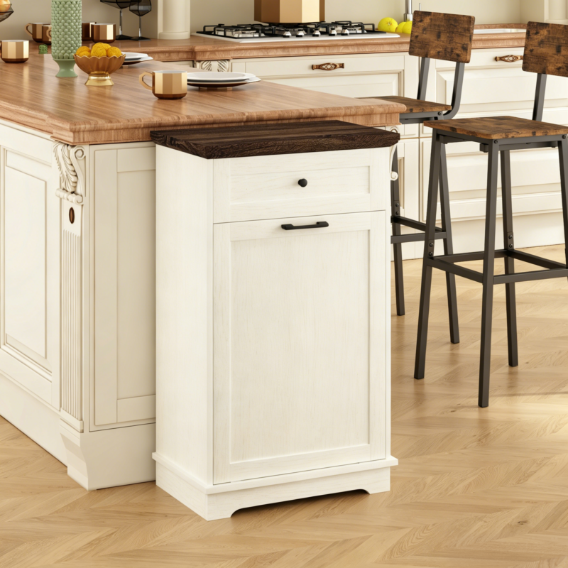 10 Gallon Tilt Out Trash Cabinet Freestanding Trash Bin Cabinet Wood Garbage Recycling Cabinet with Drawer Pet Proof Trash Can Holder for Kitchen Living Room, Antique White (Not include trash can) - Image 3