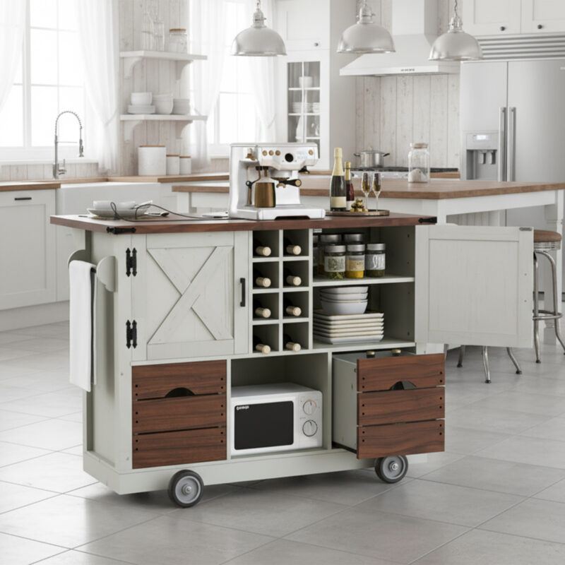 K&K 54" Farmhouse Kitchen Island with Drop Leaf, Power Outlet, Kitchen Storage Cart with 2 Doors, 2 Drawers, Rolling Kitchen Island on 4 Large Wheels with Spice Rack for Kitchen, Dining Room - Image 13