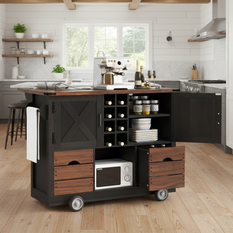 K&K 54" Farmhouse Kitchen Island with Drop Leaf, Power Outlet, Kitchen Storage Cart with 2 Doors, 2 Drawers, Rolling Kitchen Island on 4 Large Wheels with Spice Rack for Kitchen, Dining Room - Image 2