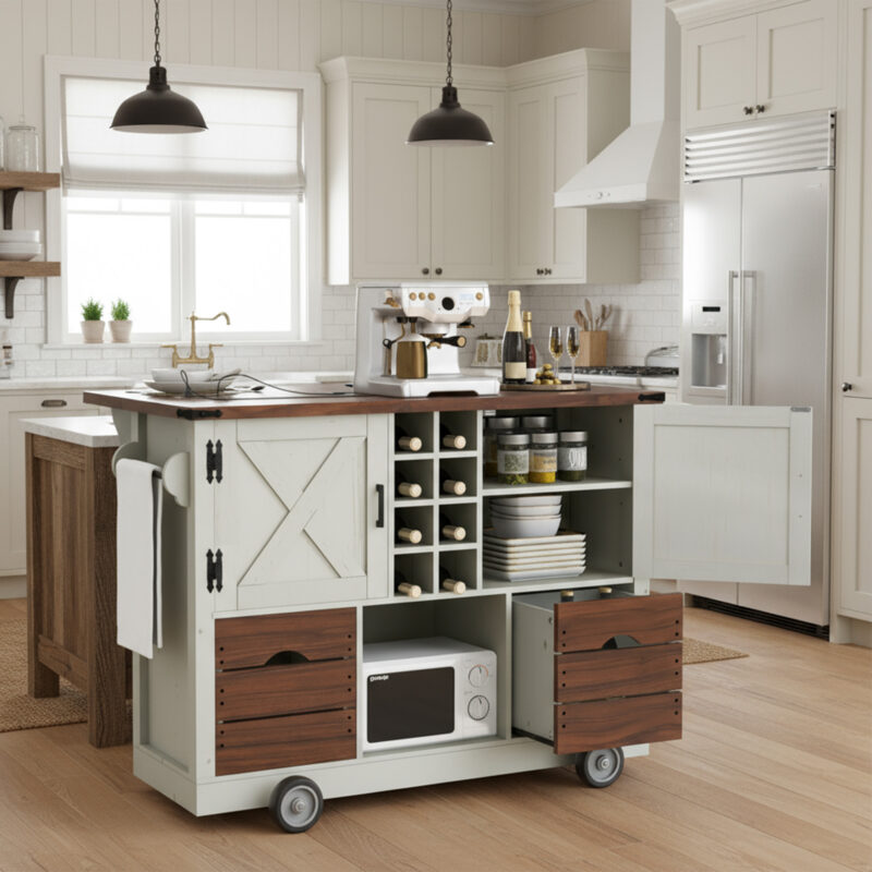 K&K 54" Farmhouse Kitchen Island with Drop Leaf, Power Outlet, Kitchen Storage Cart with 2 Doors, 2 Drawers, Rolling Kitchen Island on 4 Large Wheels with Spice Rack for Kitchen, Dining Room - Image 11