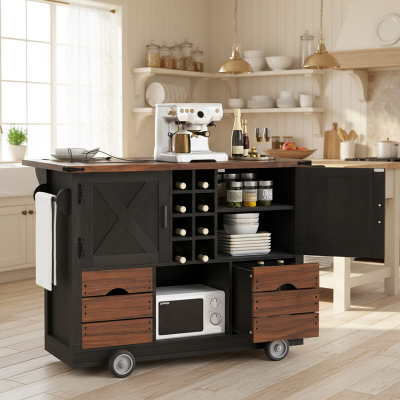K&K 54" Farmhouse Kitchen Island with Drop Leaf, Power Outlet, Kitchen Storage Cart with 2 Doors, 2 Drawers, Rolling Kitchen Island on 4 Large Wheels with Spice Rack for Kitchen, Dining Room - Image 3