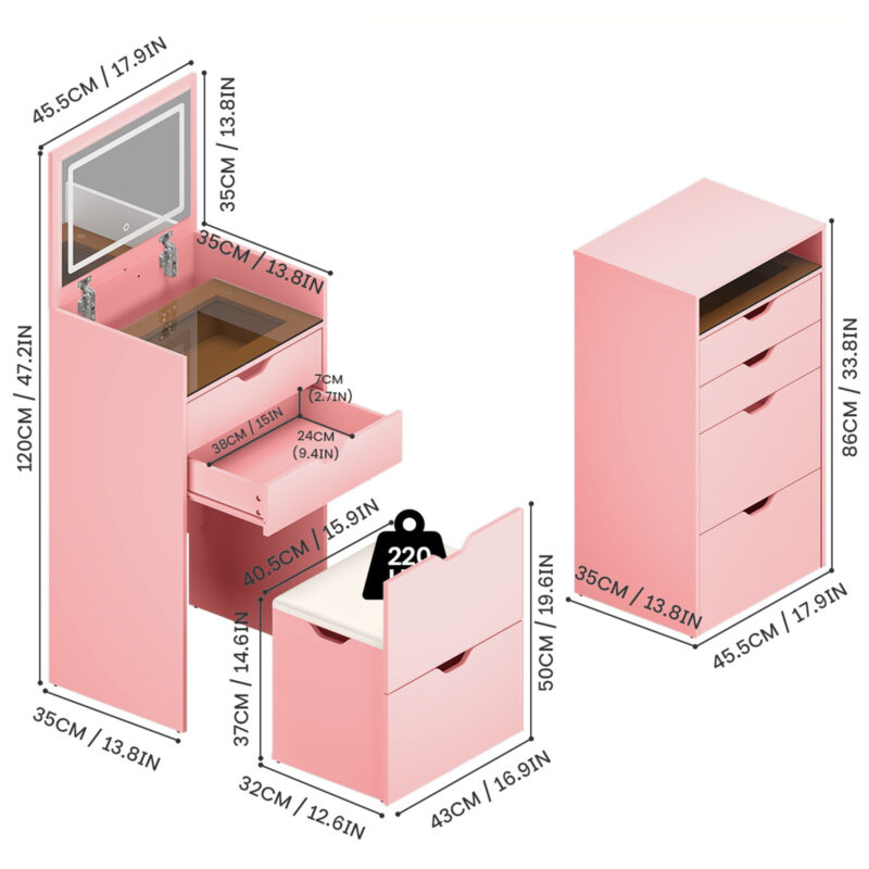 Dressing Table and Stool, 3-in-1 Multifunctional Dressing Table Set, Featuring Three-color Lighting Modes, HD Mirror, Two Sliding Drawers, and a Hidden Storage Stool - Image 3