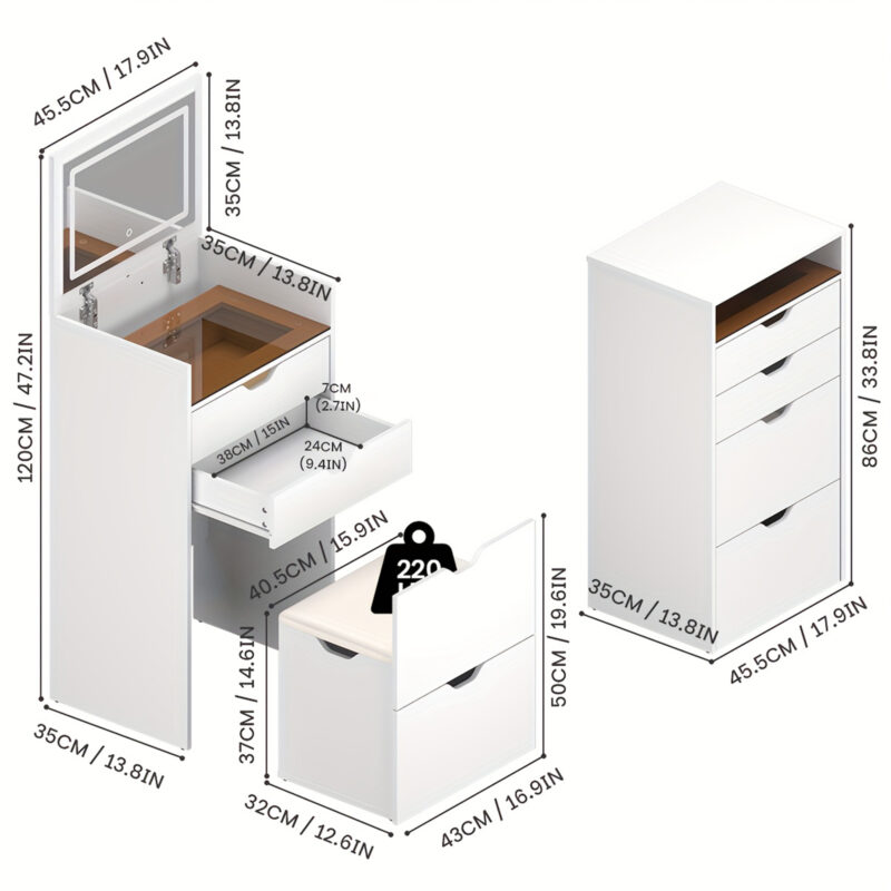 Dressing Table and Stool, 3-in-1 Multifunctional Dressing Table Set, Featuring Three-color Lighting Modes, HD Mirror, Two Sliding Drawers, and a Hidden Storage Stool - Image 12