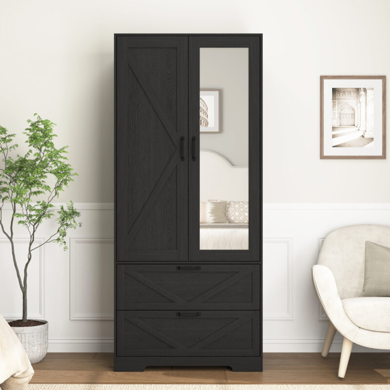 2 Door Wood Wardrobe for Bedroom with Hanging Clothing Rod inside the Cabinet and 2 Drawers for Storage Organization, Built-in induction light Multifunctional Closet with Mirror - Image 9
