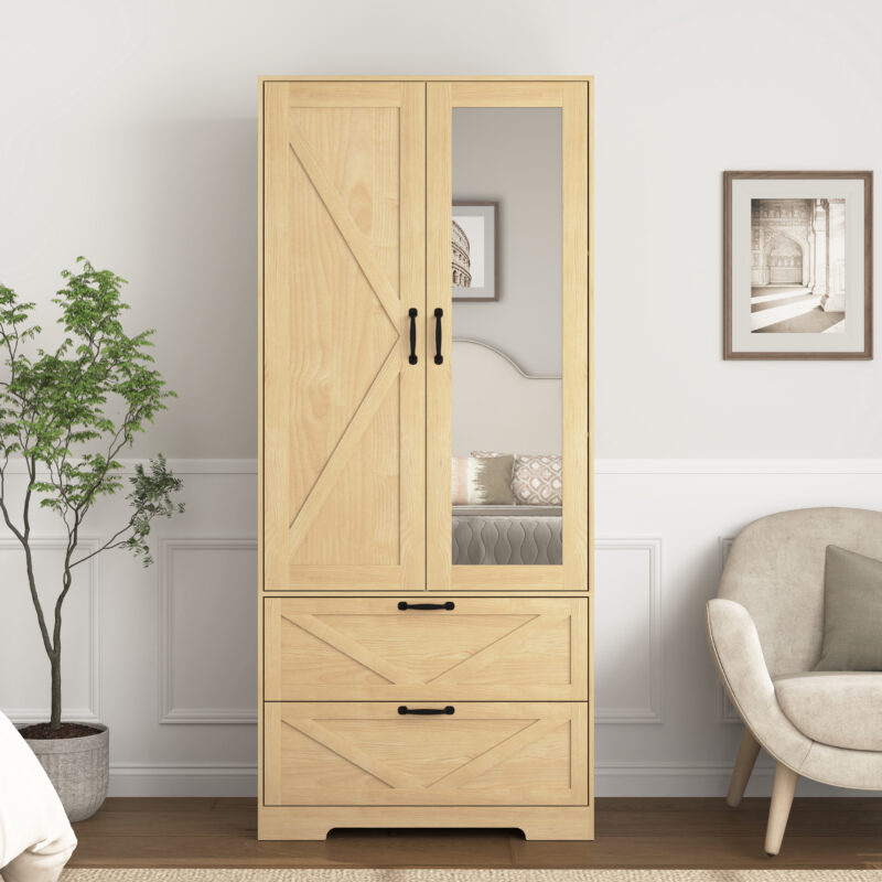 2 Door Wood Wardrobe for Bedroom with Hanging Clothing Rod inside the Cabinet and 2 Drawers for Storage Organization, Built-in induction light Multifunctional Closet with Mirror - Image 16