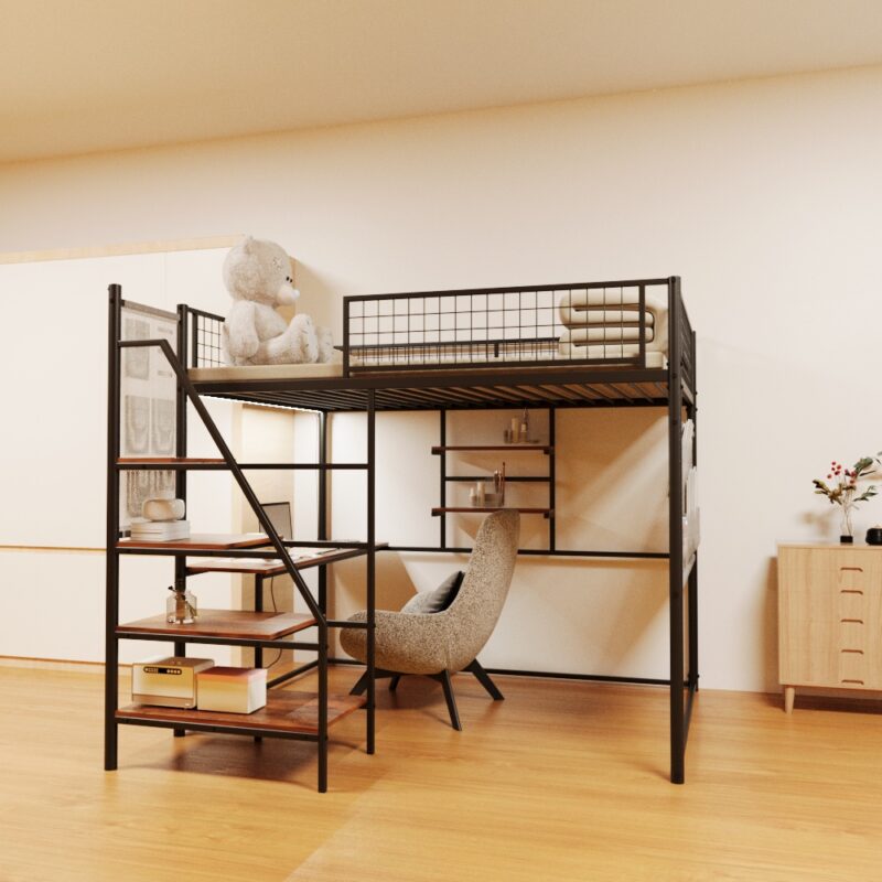 Full size loft metal bed with black for bedroom and dormitory, with built-in charging station and LED lighting - Image 3
