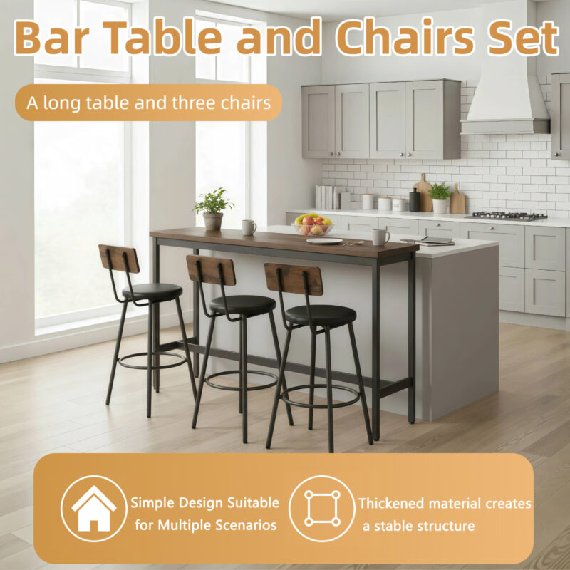 Bar Table and Chairs Set for 3, 4 Piece Industrial Dining Table Set with 3 PU Upholstered Bar Stools, Bar Table Set for Kitchen, Dining Room, Living Room, Bar, Cafe, Small Space Corner, Rustic Brown - Image 12