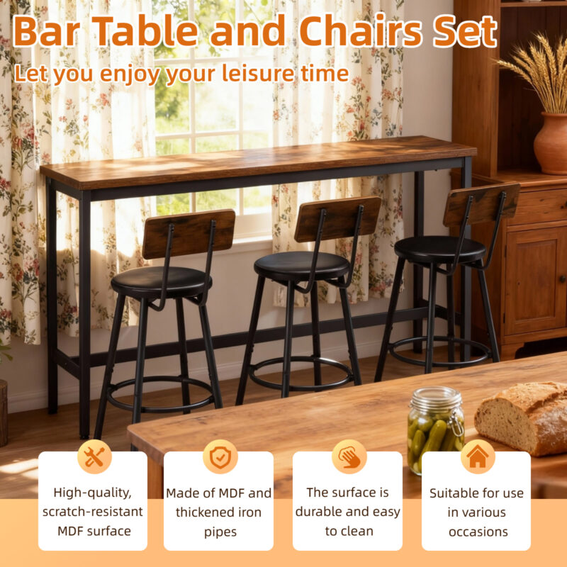 Bar Table and Chairs Set for 3, 4 Piece Industrial Dining Table Set with 3 PU Upholstered Bar Stools, Bar Table Set for Kitchen, Dining Room, Living Room, Bar, Cafe, Small Space Corner, Rustic Brown - Image 3
