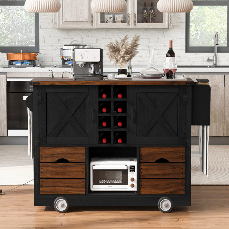 K&K 54" Farmhouse Kitchen Island with Drop Leaf, Power Outlet, Kitchen Storage Cart with 2 Doors, 2 Drawers, Rolling Kitchen Island on 4 Large Wheels with Spice Rack for Kitchen, Dining Room - Image 4