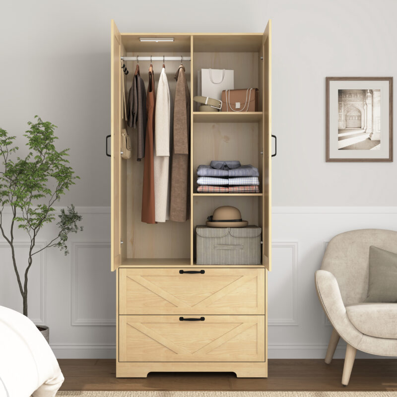 2 Door Wood Wardrobe for Bedroom with Hanging Clothing Rod inside the Cabinet and 2 Drawers for Storage Organization, Built-in induction light Multifunctional Closet with Mirror - Image 24