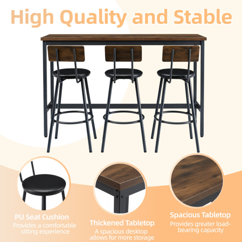 Bar Table and Chairs Set for 3, 4 Piece Industrial Dining Table Set with 3 PU Upholstered Bar Stools, Bar Table Set for Kitchen, Dining Room, Living Room, Bar, Cafe, Small Space Corner, Rustic Brown - Image 8