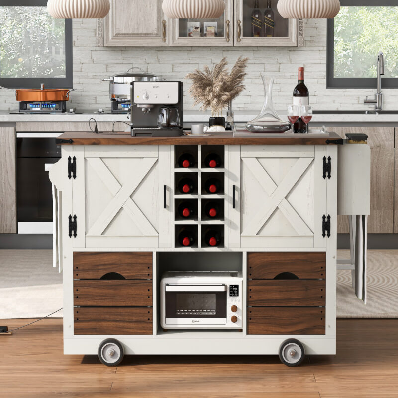 K&K 54" Farmhouse Kitchen Island with Drop Leaf, Power Outlet, Kitchen Storage Cart with 2 Doors, 2 Drawers, Rolling Kitchen Island on 4 Large Wheels with Spice Rack for Kitchen, Dining Room - Image 14