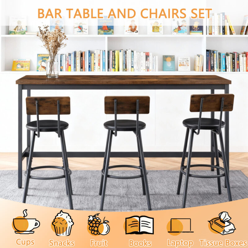 Bar Table and Chairs Set for 3, 4 Piece Industrial Dining Table Set with 3 PU Upholstered Bar Stools, Bar Table Set for Kitchen, Dining Room, Living Room, Bar, Cafe, Small Space Corner, Rustic Brown - Image 7