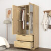 2 Door Wood Wardrobe for Bedroom with Hanging Clothing Rod inside the Cabinet and 2 Drawers for Storage Organization, Built-in induction light Multifunctional Closet with Mirror - Image 21
