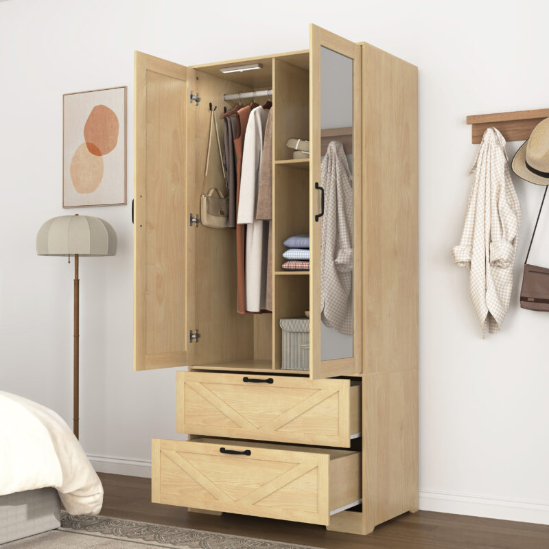 2 Door Wood Wardrobe for Bedroom with Hanging Clothing Rod inside the Cabinet and 2 Drawers for Storage Organization, Built-in induction light Multifunctional Closet with Mirror - Image 21