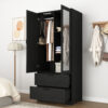 2 Door Wood Wardrobe for Bedroom with Hanging Clothing Rod inside the Cabinet and 2 Drawers for Storage Organization, Built-in induction light Multifunctional Closet with Mirror - Image 8