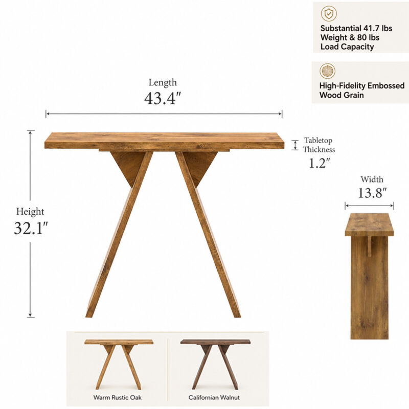 Console Table, 43.4-Inch Long Narrow Entryway Table with V-Shaped Base, Rustic Sofa Console for Hallway, Living Room, Behind Sofa - Image 5