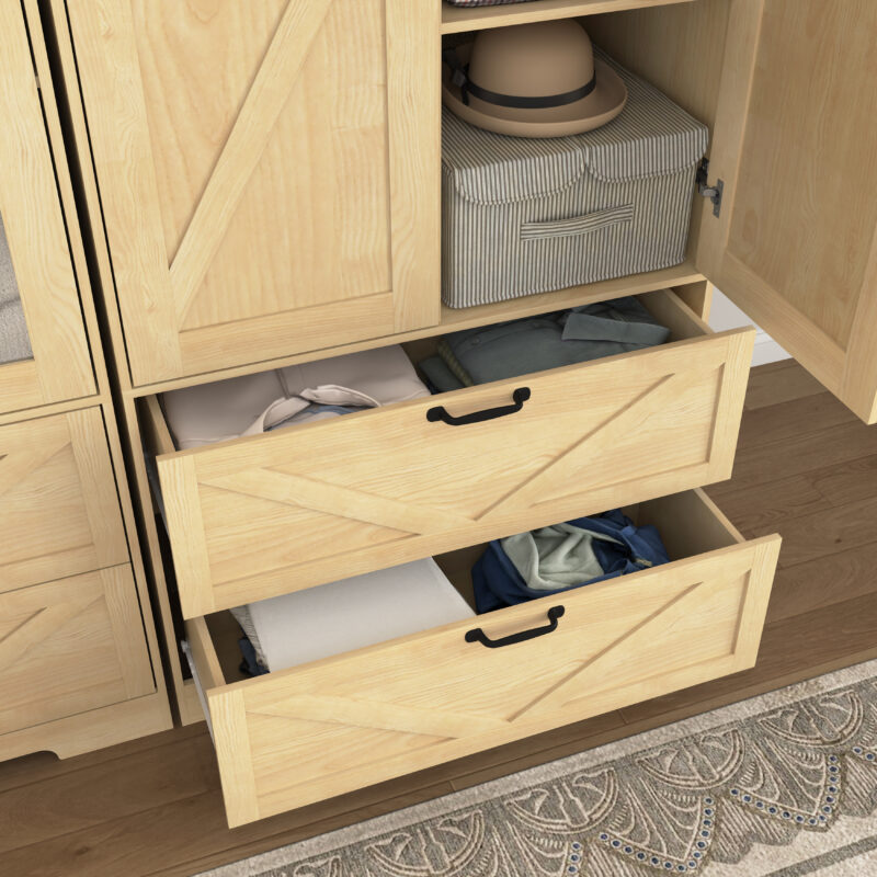 2 Door Wood Wardrobe for Bedroom with Hanging Clothing Rod inside the Cabinet and 2 Drawers for Storage Organization, Built-in induction light Multifunctional Closet with Mirror - Image 23