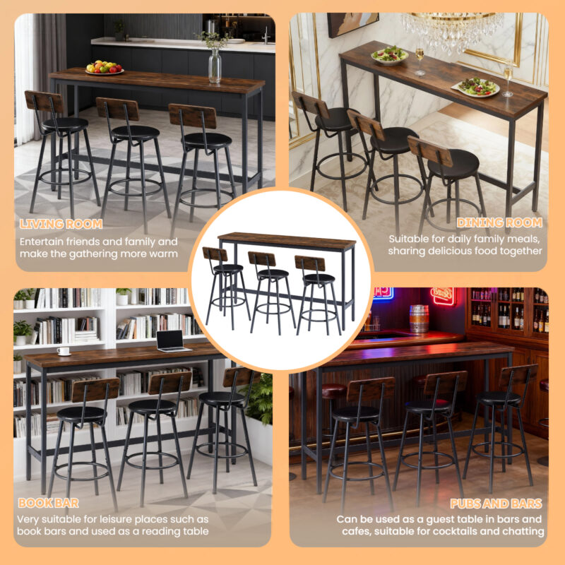 Bar Table and Chairs Set for 3, 4 Piece Industrial Dining Table Set with 3 PU Upholstered Bar Stools, Bar Table Set for Kitchen, Dining Room, Living Room, Bar, Cafe, Small Space Corner, Rustic Brown - Image 11