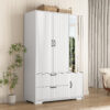 4 Doors Wardrobe Closet with Mirror, LED Wardrobe with Doors and 2 Drawers, Wooden Wardrobe Storage Cabinet with Hanging Rod, Adjustable Shelves - Image 2