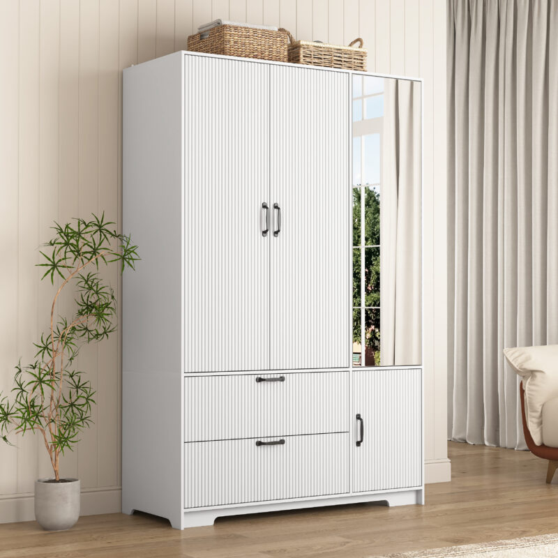4 Doors Wardrobe Closet with Mirror, LED Wardrobe with Doors and 2 Drawers, Wooden Wardrobe Storage Cabinet with Hanging Rod, Adjustable Shelves - Image 2