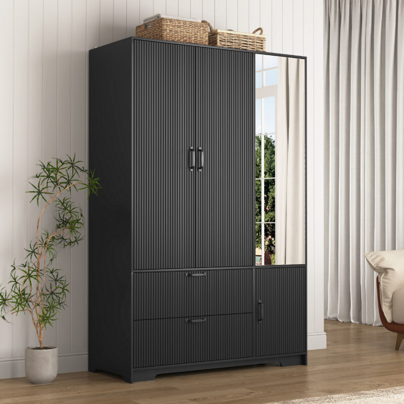 4 Doors Wardrobe Closet with Mirror, LED Wardrobe with Doors and 2 Drawers, Wooden Wardrobe Storage Cabinet with Hanging Rod, Adjustable Shelves - Image 12