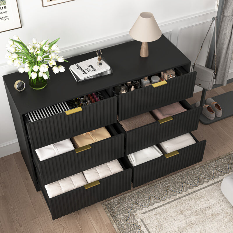 Modern 6-Drawer Dresser, Chest of Drawers for Bedroom, Living Room, Hallway, and Entryway - Large Storage Cabinet, Black,Drawer panel with wavy patterns - Image 8